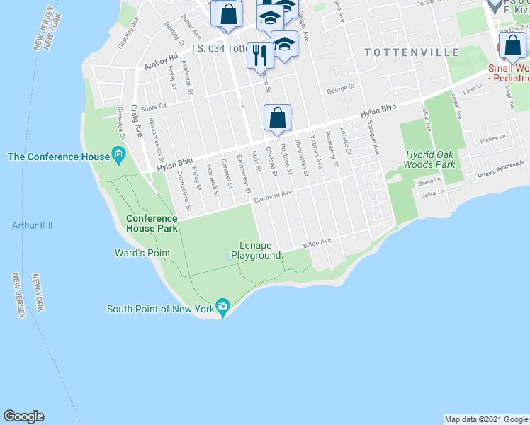 map of restaurants, bars, coffee shops, grocery stores, and more near 558 Main Street in Staten Island