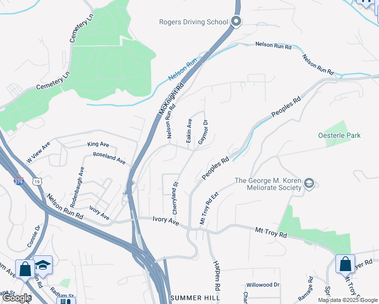 map of restaurants, bars, coffee shops, grocery stores, and more near 4573 Cherryland Street in Pittsburgh