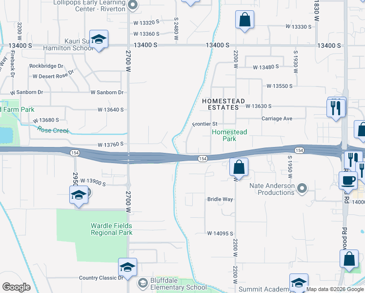 map of restaurants, bars, coffee shops, grocery stores, and more near 13759 Frontier Street in Riverton