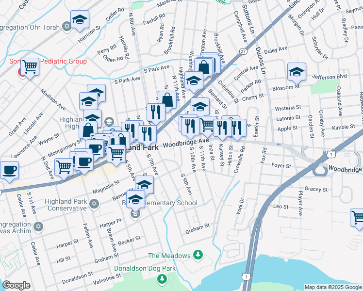 map of restaurants, bars, coffee shops, grocery stores, and more near 73 Woodbridge Avenue in Highland Park