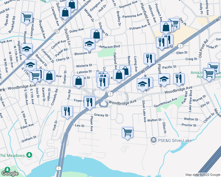 map of restaurants, bars, coffee shops, grocery stores, and more near 9 Fayette Street in Edison