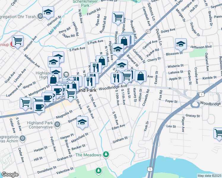 map of restaurants, bars, coffee shops, grocery stores, and more near 73 Woodbridge Avenue in Highland Park