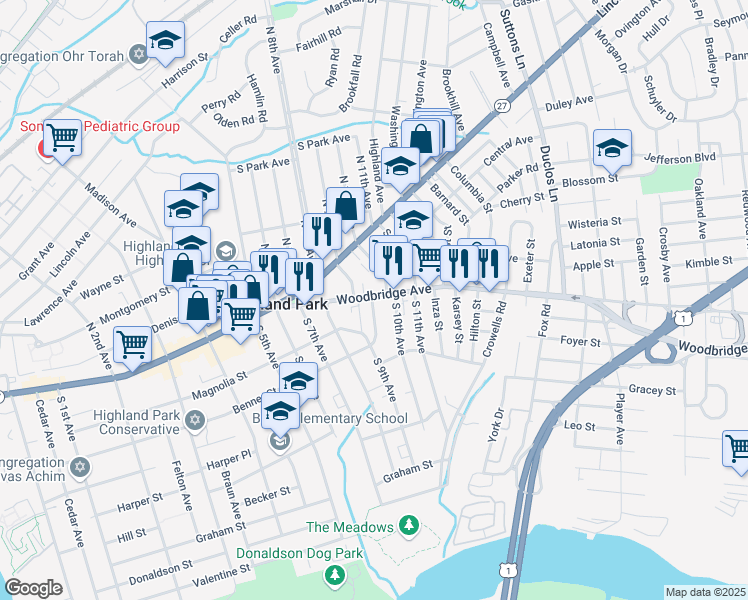 map of restaurants, bars, coffee shops, grocery stores, and more near 73 Woodbridge Avenue in Highland Park