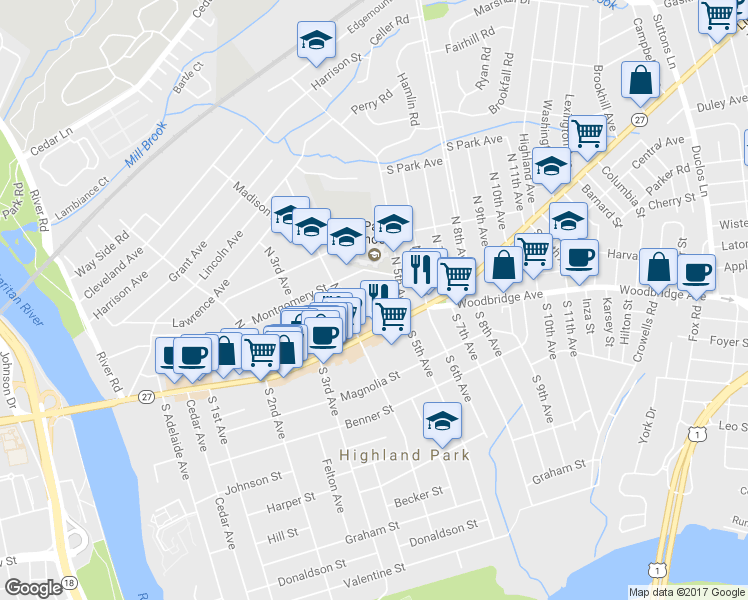 map of restaurants, bars, coffee shops, grocery stores, and more near 433 Denison Street in Highland Park