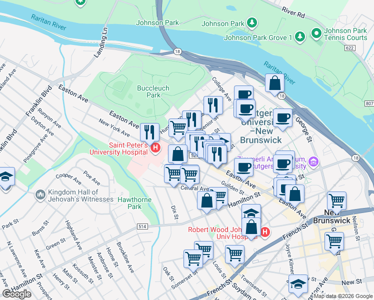 map of restaurants, bars, coffee shops, grocery stores, and more near 103 Senior Street in New Brunswick