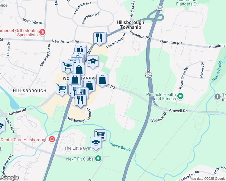 map of restaurants, bars, coffee shops, grocery stores, and more near 399 Amwell Road in Somerset County