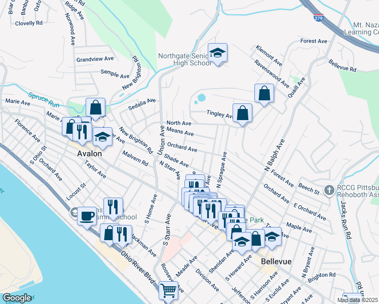 map of restaurants, bars, coffee shops, grocery stores, and more near 696 Orchard Avenue in Bellevue