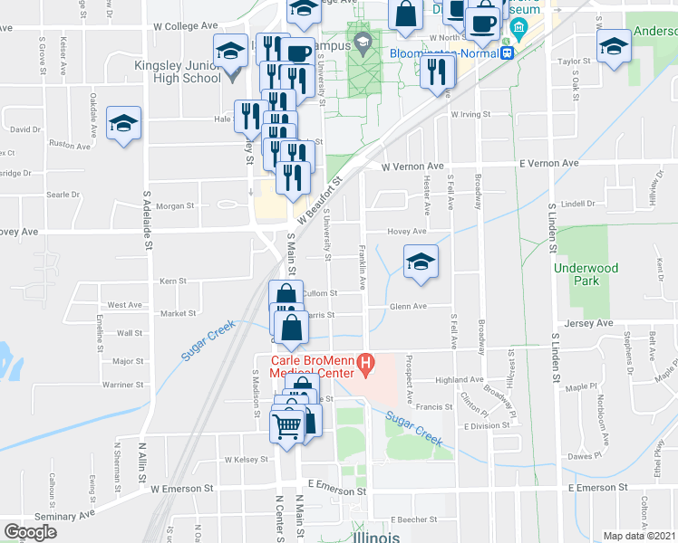 map of restaurants, bars, coffee shops, grocery stores, and more near 605 Church Street in Normal