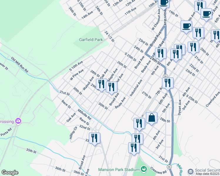 map of restaurants, bars, coffee shops, grocery stores, and more near 2801-03 Maple Avenue in Altoona