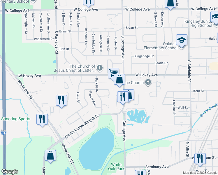 map of restaurants, bars, coffee shops, grocery stores, and more near 1601 Fairfield Ct in Normal
