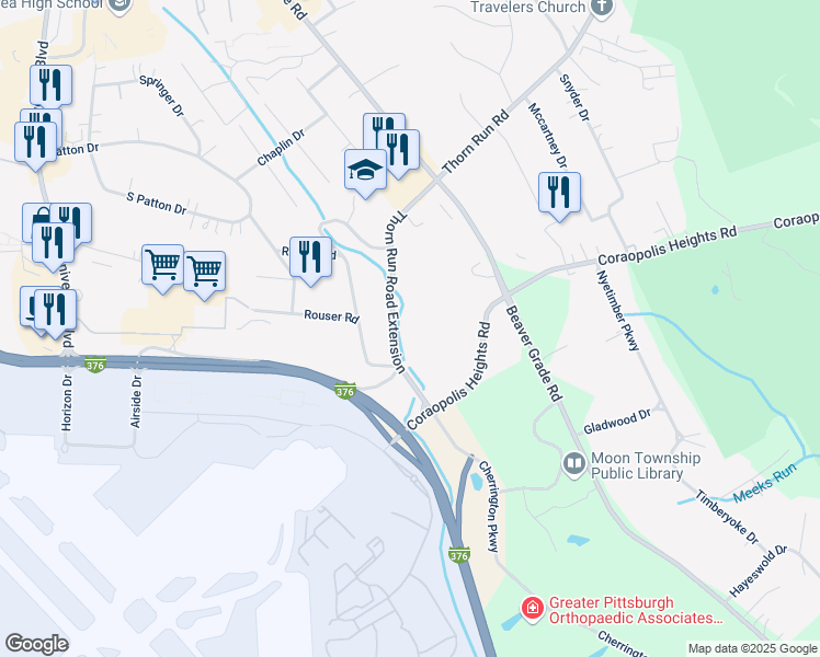 map of restaurants, bars, coffee shops, grocery stores, and more near 1187 Thorn Run Road Extension in Coraopolis