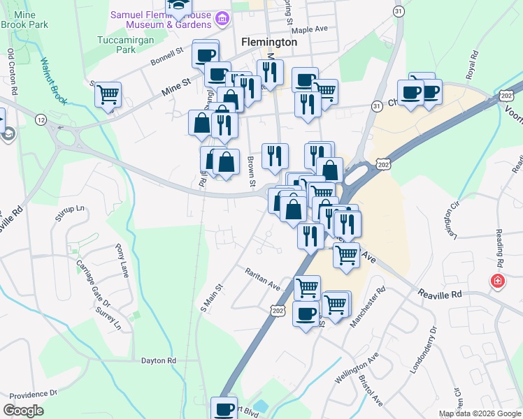 map of restaurants, bars, coffee shops, grocery stores, and more near 221 South Main Street in Flemington