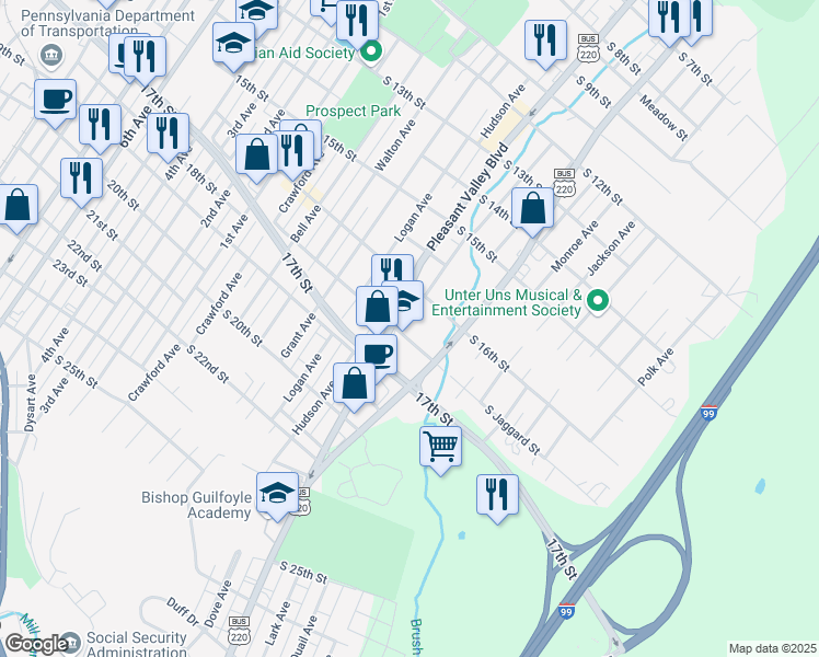 map of restaurants, bars, coffee shops, grocery stores, and more near 900 South Jaggard Street in Altoona