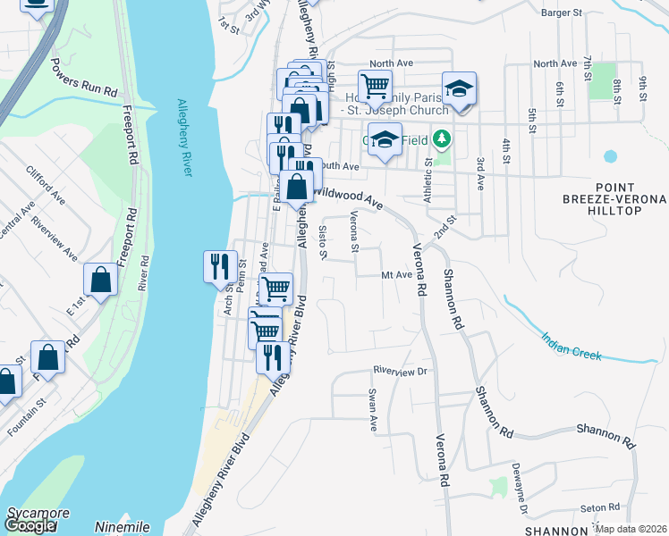 map of restaurants, bars, coffee shops, grocery stores, and more near 1211 Rinaldi Street in Verona
