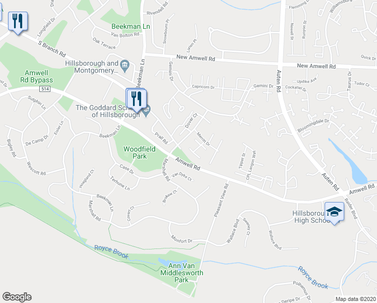 map of restaurants, bars, coffee shops, grocery stores, and more near 916 Merritt Drive in Somerset County