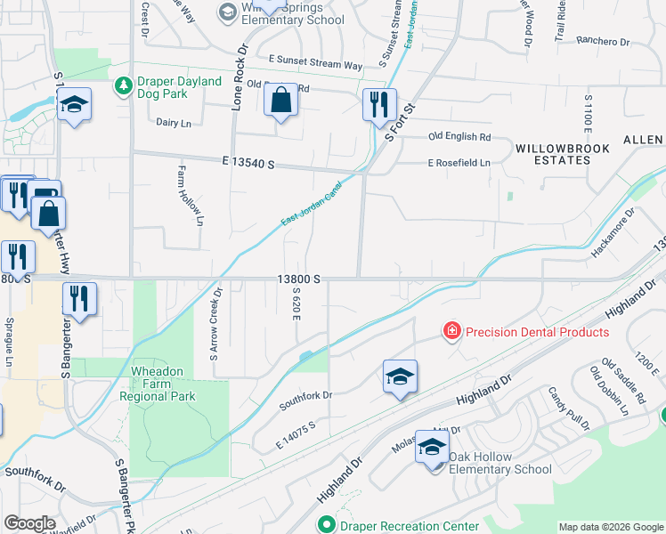 map of restaurants, bars, coffee shops, grocery stores, and more near 13776 South Fort Street in Draper