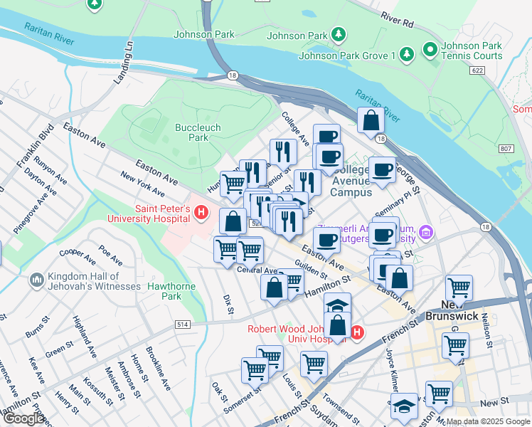 map of restaurants, bars, coffee shops, grocery stores, and more near 48 Wyckoff Street in New Brunswick
