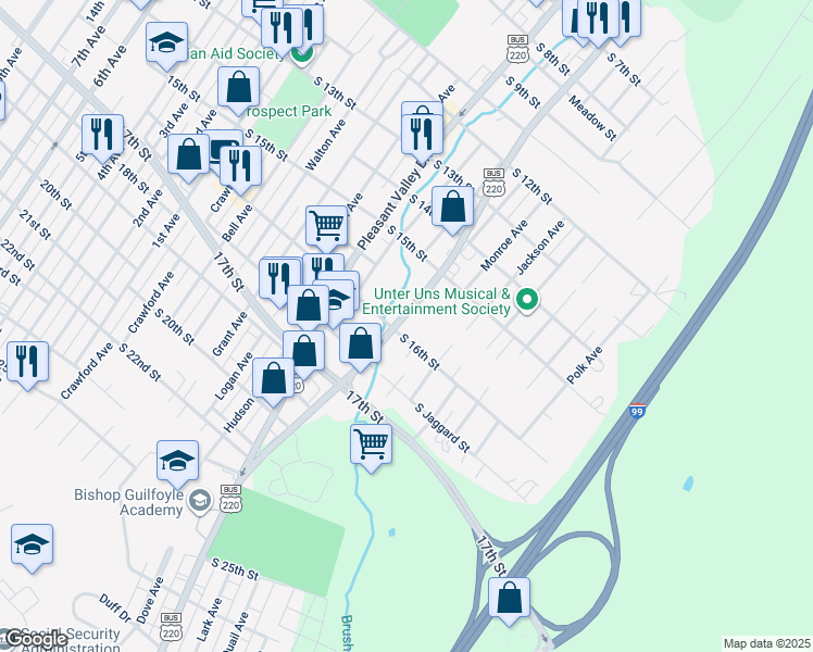 map of restaurants, bars, coffee shops, grocery stores, and more near 1537-45 Valley View Boulevard in Altoona