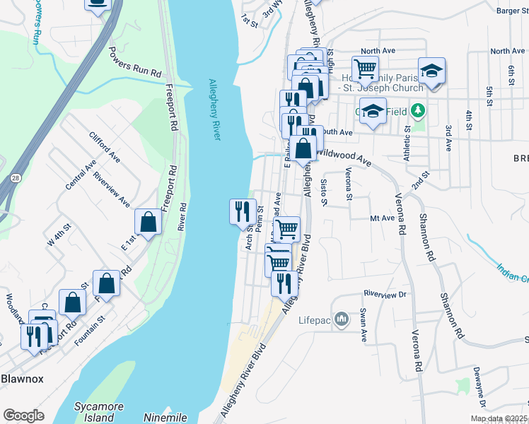 map of restaurants, bars, coffee shops, grocery stores, and more near 424 Penn Street in Verona