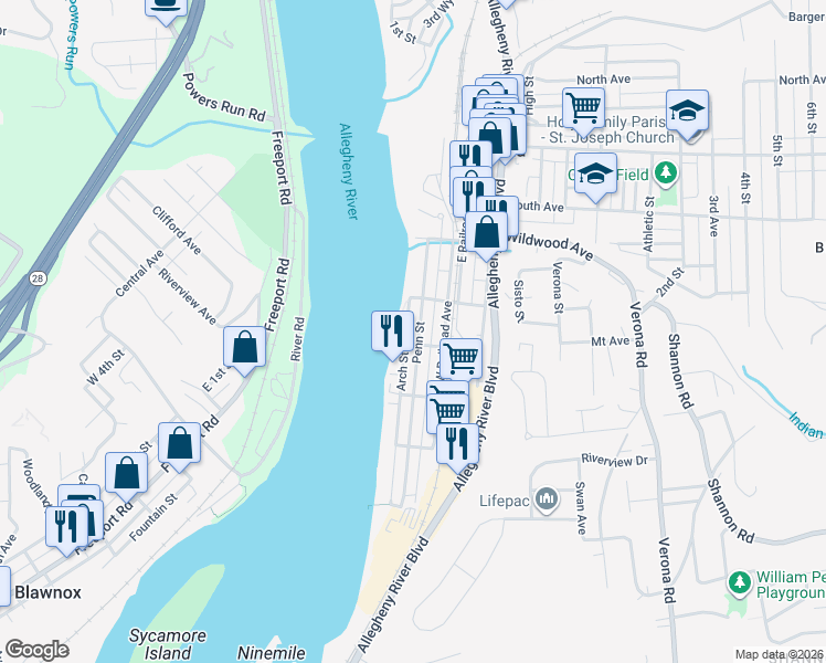 map of restaurants, bars, coffee shops, grocery stores, and more near 424 Penn Street in Verona