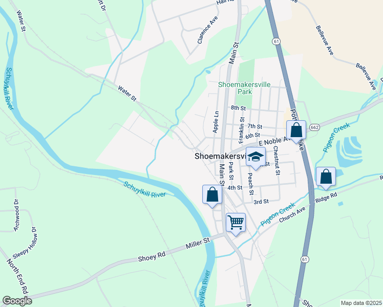 map of restaurants, bars, coffee shops, grocery stores, and more near 596 Water Street in Shoemakersville