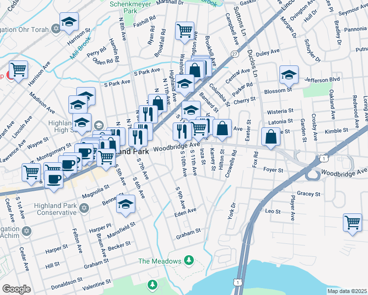map of restaurants, bars, coffee shops, grocery stores, and more near 103 Woodbridge Avenue in Highland Park