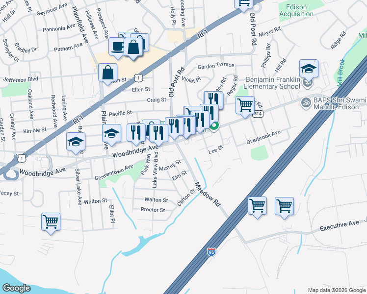 map of restaurants, bars, coffee shops, grocery stores, and more near 2250 Woodbridge Avenue in Edison