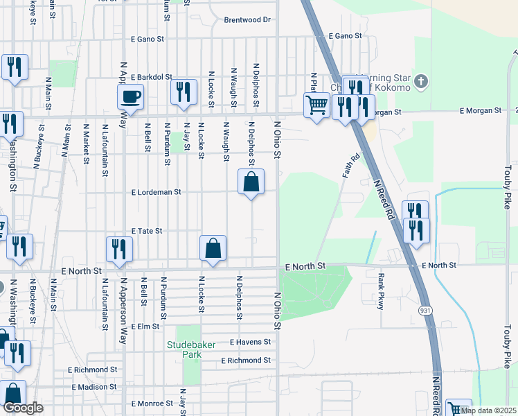 map of restaurants, bars, coffee shops, grocery stores, and more near 1615 North Ohio Street in Kokomo