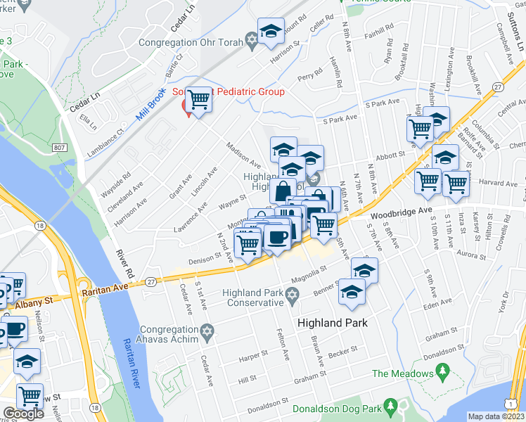 map of restaurants, bars, coffee shops, grocery stores, and more near 313 Montgomery Street in Highland Park