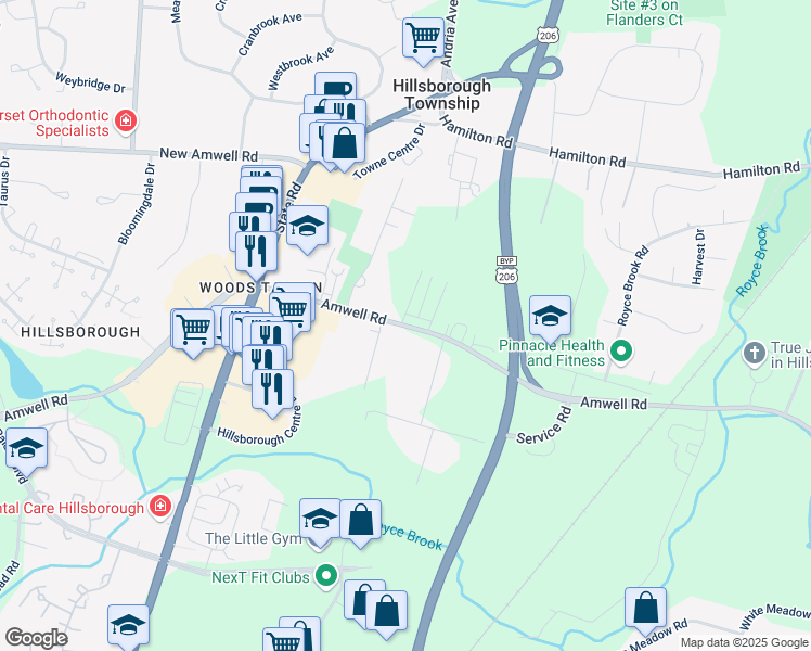 map of restaurants, bars, coffee shops, grocery stores, and more near 399 Amwell Road in Somerset County