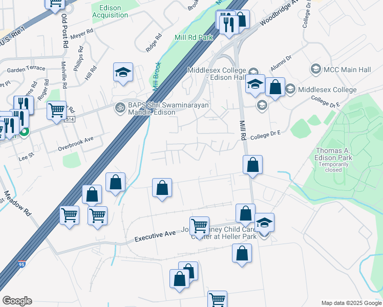 map of restaurants, bars, coffee shops, grocery stores, and more near 154 College Drive in Edison