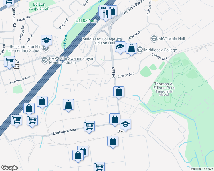 map of restaurants, bars, coffee shops, grocery stores, and more near 418 College Drive in Edison