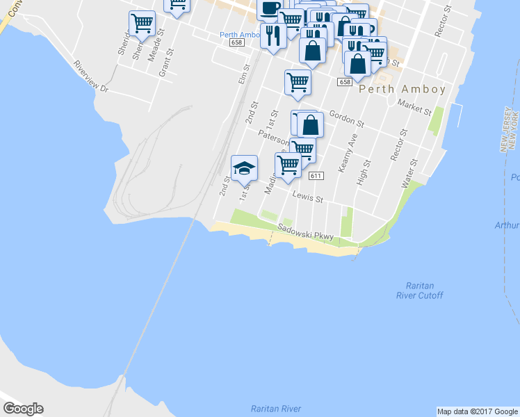 map of restaurants, bars, coffee shops, grocery stores, and more near 52 Madison Avenue in Perth Amboy