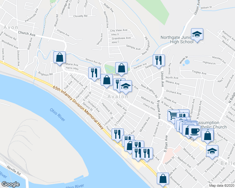 map of restaurants, bars, coffee shops, grocery stores, and more near California Avenue in Pittsburgh