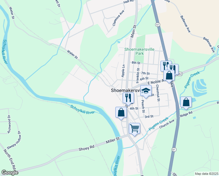map of restaurants, bars, coffee shops, grocery stores, and more near 596 Water Street in Shoemakersville