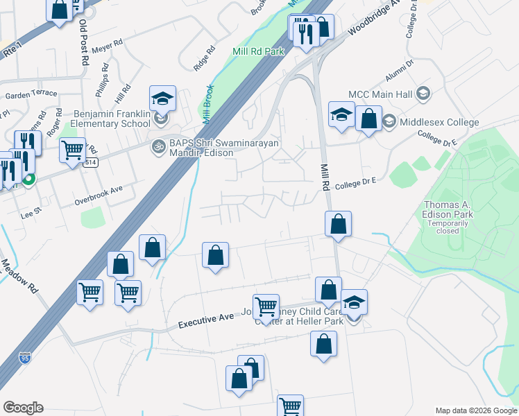 map of restaurants, bars, coffee shops, grocery stores, and more near 154 College Drive in Edison