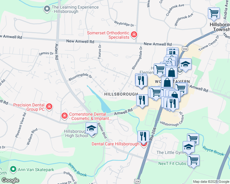 map of restaurants, bars, coffee shops, grocery stores, and more near in Hillsborough Township