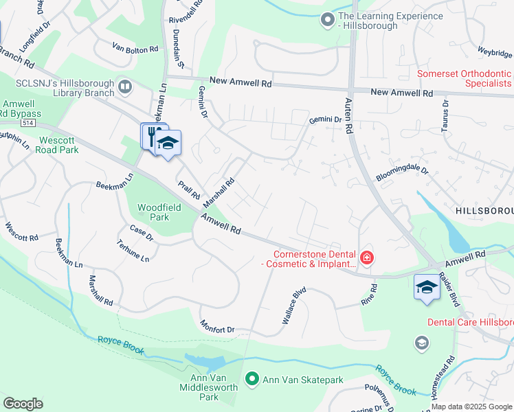map of restaurants, bars, coffee shops, grocery stores, and more near 914B Merritt Drive in Somerset County