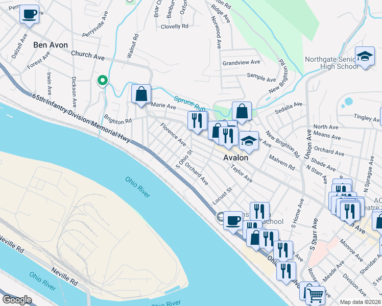 map of restaurants, bars, coffee shops, grocery stores, and more near 301 Ohio Street in Avalon