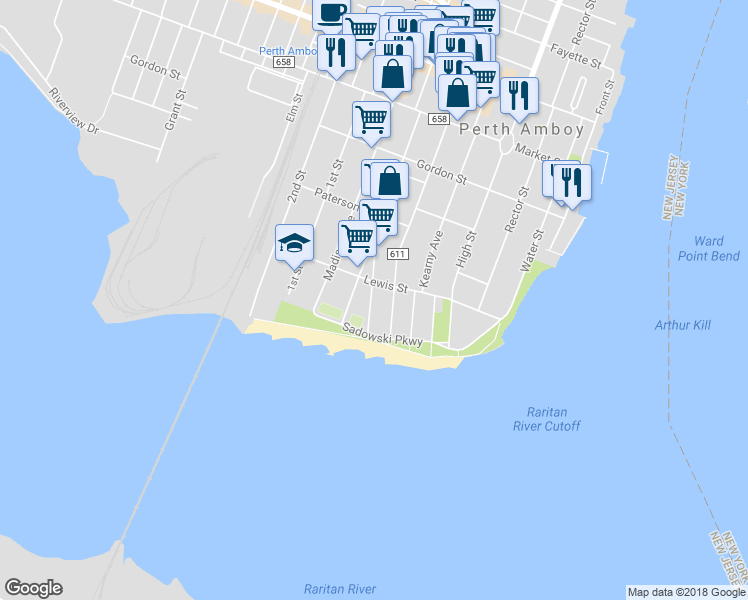 map of restaurants, bars, coffee shops, grocery stores, and more near 68 Catalpa Avenue in Perth Amboy