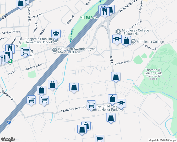 map of restaurants, bars, coffee shops, grocery stores, and more near 333 College Drive in Edison