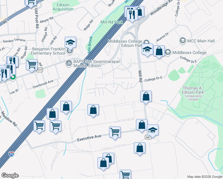 map of restaurants, bars, coffee shops, grocery stores, and more near 154 College Drive in Edison