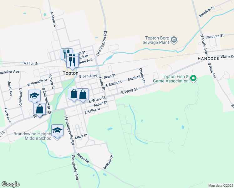 map of restaurants, bars, coffee shops, grocery stores, and more near 564 East Weis Street in Topton
