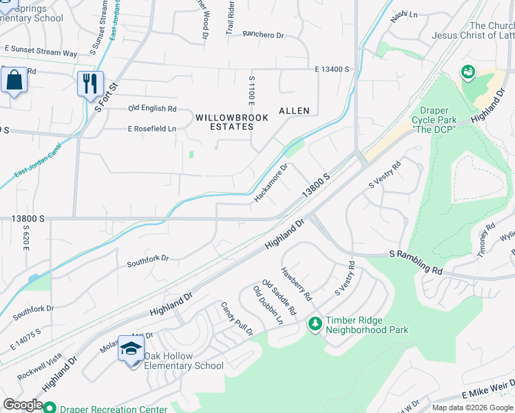 map of restaurants, bars, coffee shops, grocery stores, and more near 1098 Hackamore Drive in Draper