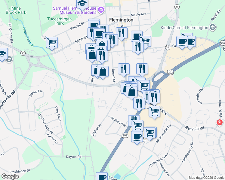 map of restaurants, bars, coffee shops, grocery stores, and more near 18 Parker Avenue in Flemington