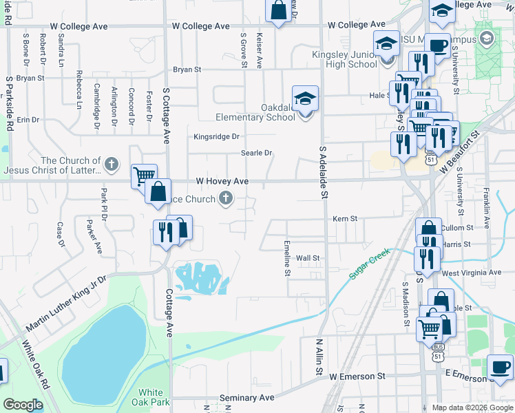 map of restaurants, bars, coffee shops, grocery stores, and more near 1227 West Hovey Avenue in Normal