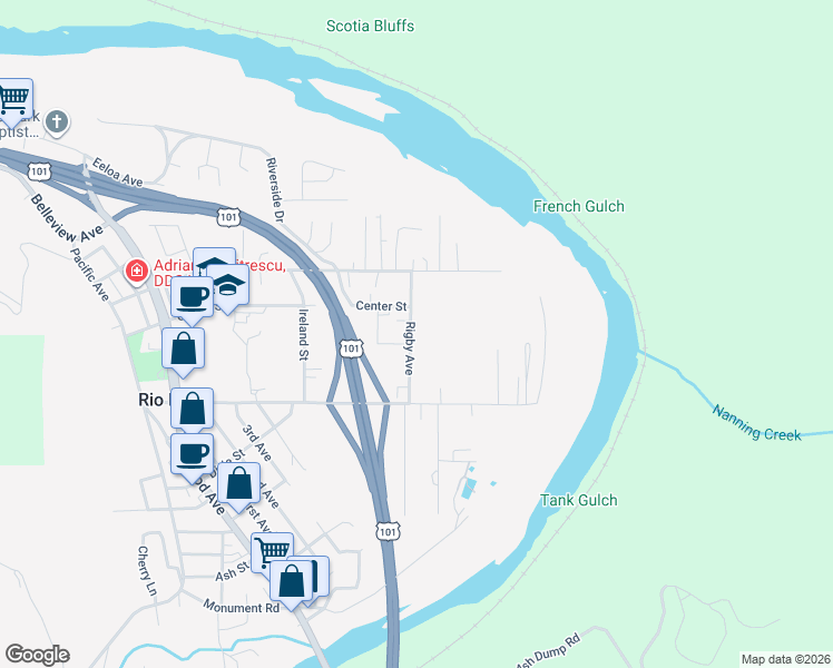 map of restaurants, bars, coffee shops, grocery stores, and more near 780 Rigby Avenue in Rio Dell