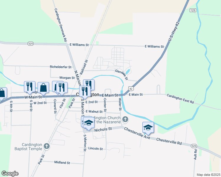 map of restaurants, bars, coffee shops, grocery stores, and more near 308 East Gregory Street in Cardington