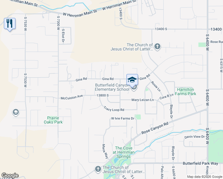 map of restaurants, bars, coffee shops, grocery stores, and more near 6980 13800 South in Herriman