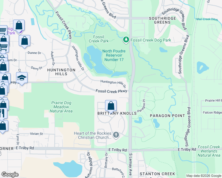 map of restaurants, bars, coffee shops, grocery stores, and more near 6107 Melrose Court in Fort Collins